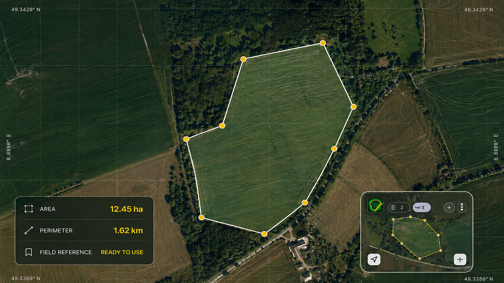 A measured field shown on a satellite map