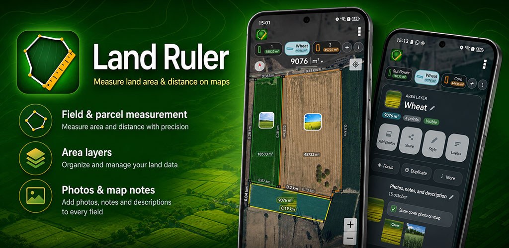 Land Ruler promotional graphic showing app screens and field measurement features