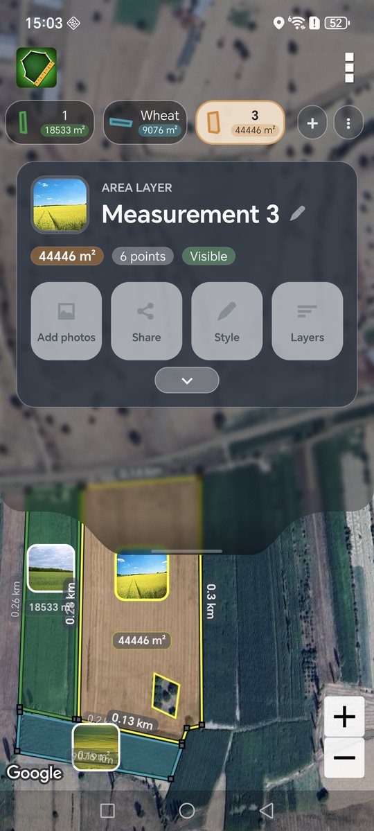 Area layer details with measurement actions