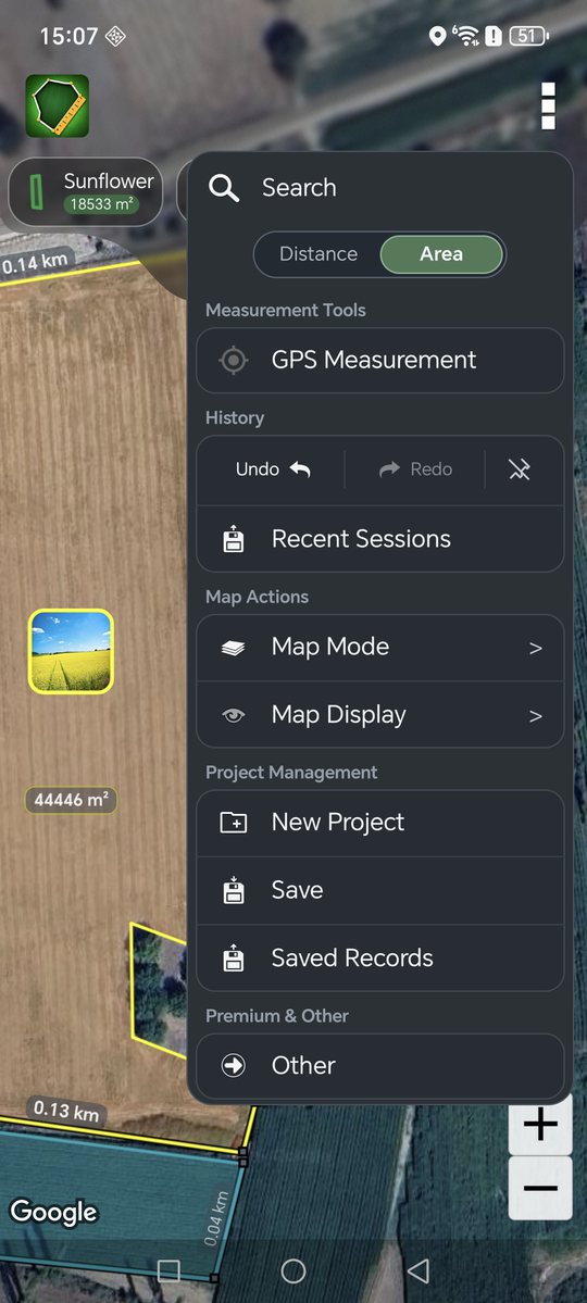 Search and project actions menu in Land Ruler