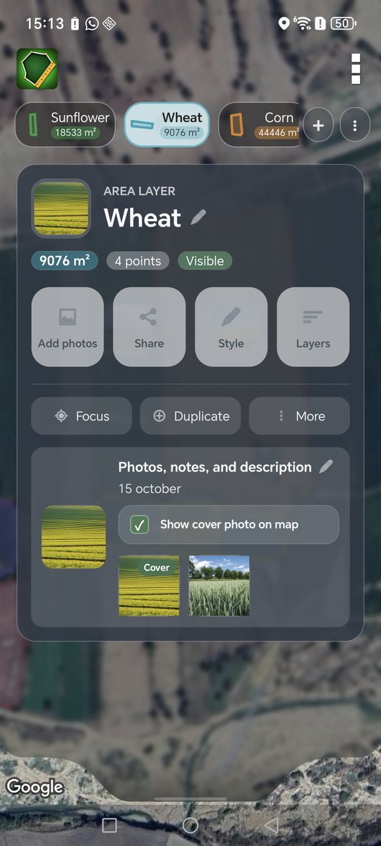 Photos notes and description panel for an area layer